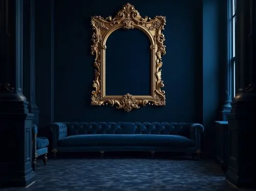 Dark Prussian blue, luxurious velvet texture, ornate gold frame, Baroque architecture, grandeur interior design, dimly lit, mysterious ambiance, softbox lighting, Dutch angle composition, Renaissance-