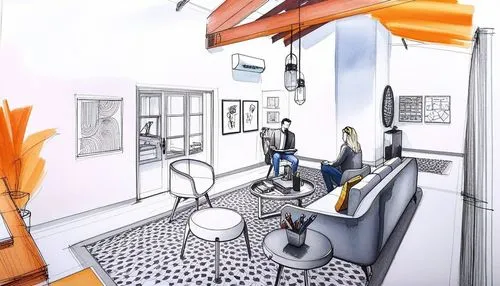 this is a drawing of a man sitting on the bar in a el lobby,kitchen interior,hairdressing salon,examination room,consulting room,treatment room,kitchen,kitchen design,apartment,barber shop,the kitchen