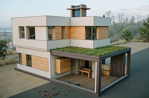 dos casas linderas , minimalistas , de estilos diferentes , con paredes de mamposteria estucada , en colores engamados y carpinterias de madera , panelo solar en el techo  y un jardin circundate , con