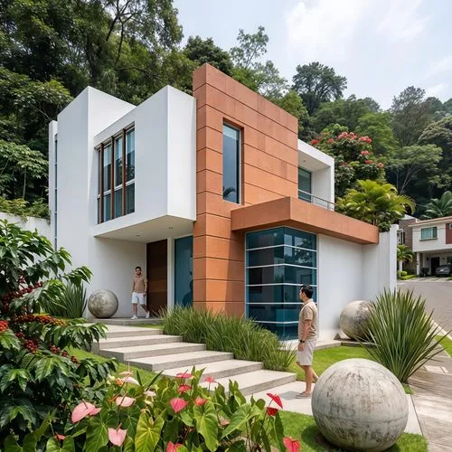 Transform the drawing into a scene that feels like a mid-class residential neighborhood in Fortín de las Flores, Veracruz, with its architectural components and elements preserved exactly as drawn. Ca
