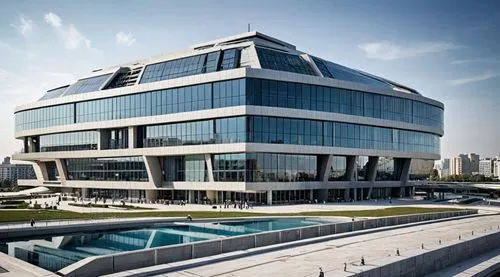  building color with futuristic architectural modern ,a large building with a pool in front,headquarter,glass facade,office building,futuristic architecture,office buildings,modern office,glass buildi