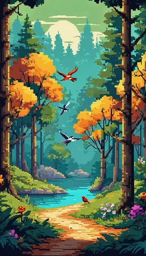 Design a peaceful Wednesday in a serene forest with birds chirping.,forest background,autumn forest,cartoon video game background,forest landscape,pixel art,forests,cartoon forest,retro background,for