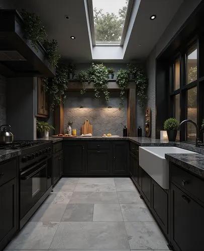 A dark and moody kitchen featuring matte black cabinets, subway tile backsplash, and a skylight with hanging indoor plants. The space combines industrial and botanical aesthetics, with potted plants a