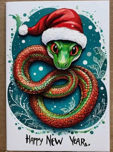 Happy New Year 2025 card with a snake in a Santa hat.,a christmas card featuring a green and red snake wearing a santa hat,new year vector,modern christmas card,green tree snake,postcard for the new y