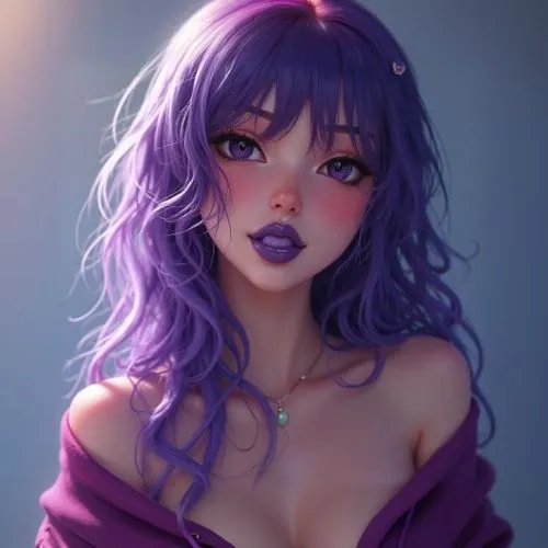 a UHD full body image of a beautiful realistic  woman with anime features. aphrodite herself is jealous of. She has vibrant purple hair,  purple eyes, purple lipstick. makeup, light almond skin, multi