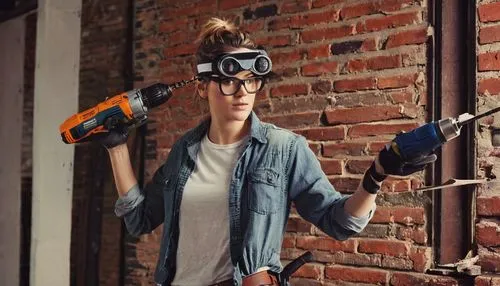Modern DIY renovation design, young adult, male/female, casual clothing, tool belt, messy hair, safety goggles, holding a power drill, standing in a partially renovated room, exposed brick wall, woode