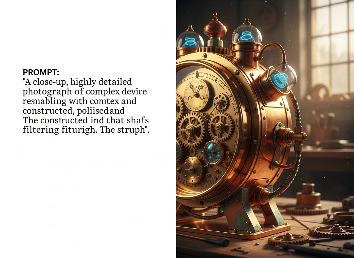 Un'immagine divisa che mostra un prompt per 'texture di ottone e rame lucido' da un lato e il realistico rendering IA risultante di un dispositivo steampunk dall'altro.