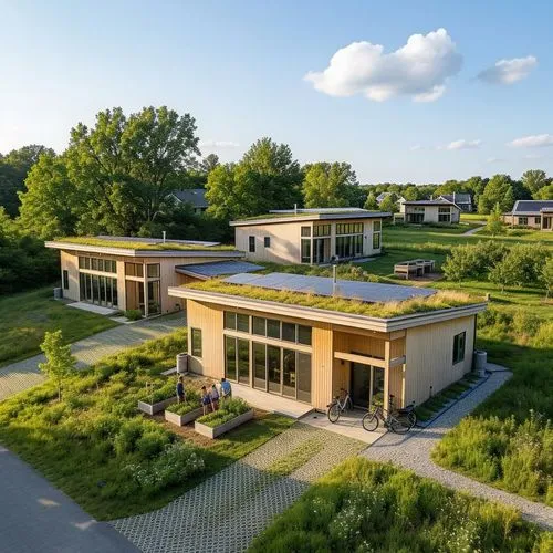 sustainable homes
,a bunch of homes sitting next to each other on the green,mid century house,dunes house,modern house,danish house,cubic house,new housing development,cube house,drone image,cantile