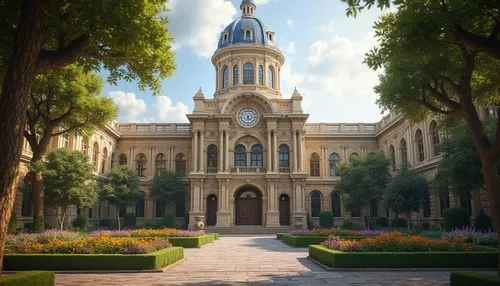 Historic courthouse, fusion architecture, grand entrance, ornate columns, clock tower, stained glass dome, intricate stone carvings, mixture of modern and classic elements, contrast of old and new mat
