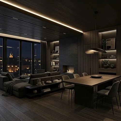 Luxury Sustainable Contemporary minimal european dark Interiors night render,a room with a long table, chairs and a big window,modern room,interior modern design,loft,modern living room,sky apartment,