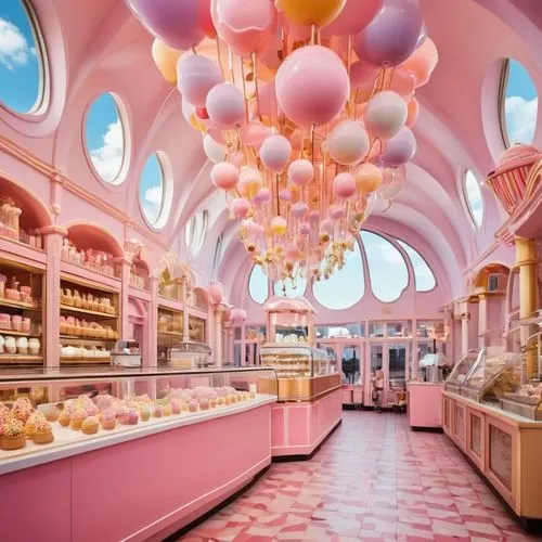 an image of a pink bakery with balloons hanging from it's ceiling,french confectionery,pastry shop,patisserie,bakery,bakeries,confectioners,confectionery,candy shop,patisseries,bakeshop,cake shop,ice 