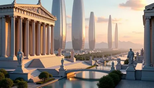 Una ciudad futurista altamente desarrollada, donde todos los edificios y construcciones siguen la estética de la antigua Grecia. Gigantescos templos de mármol blanco con columnas dóricas se alzan entr