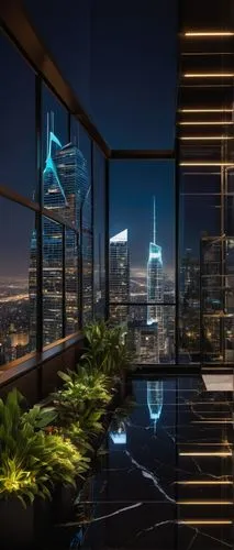 Modern skyscraper, sleek lines, geometric shapes, reflective glass facade, metallic accents, rooftop garden, minimalist interior design, marble floors, floor-to-ceiling windows, panoramic city view, n