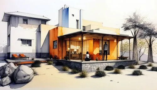 this painting depicts people working in the small patio area,house drawing,mid century house,modern house,residential house,mid century modern,architect plan,prefab,dunes house,cubic house,house shape