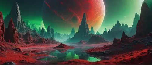 a psychedelic trip to another world.
use green and red  tones with white mist,this fantasy scene features a planet in the background,alien planet,alien world,futuristic landscape,lunar landscape,fanta