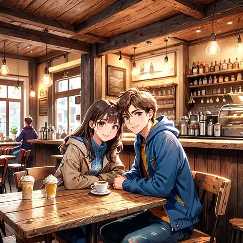 a girl and a boy are dating in a cafe,two people sit in a restaurant with coffee,tomoharu,hideharu,coffee shop,coffee background,romantic scene,coffeeshop,Anime,Anime,General