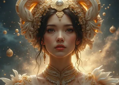 A breathtaking digital illustration of a mature young woman with an awe-inspiring gaze. Her extravagant attire, a fusion of white, brown, and gold, includes its own rounded body, while a small round m