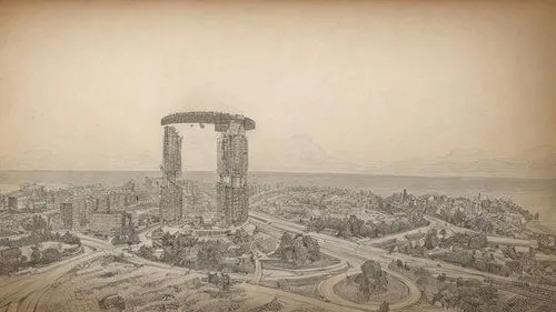 DESENHA NA INTEGRA AS LINHAS SEM ALTERAR A FOTO,an artistic drawing of a cityscape with a large building in the middle of it,metropolis,the skyscraper,tower fall,skyscraper town,megalopolis,renaissanc