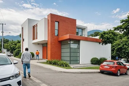 A photo-realistic rendering of a modern two-story building with a combination of white and orange colors. the building has a rectangular shape with a flat roof and large windows on both sides. The ext