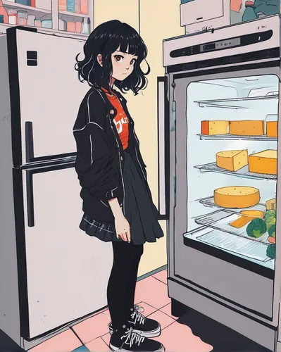 japanese person standing near an open refrigerator, in the style of punk rock aesthetic, hannah yata, snapshot aesthetic, wavy, intense gaze, made of cheese, siya oum,refrigerator,fridge,grocery,conve