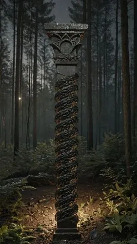 a tall pillar with an intricate decoration in the forest,obelisk,totem,pillar,wooden cross,totem pole,stone lamp,arbor,the pillar of light,totems,medieval hourglass,iron chain,stacking stones,allies s