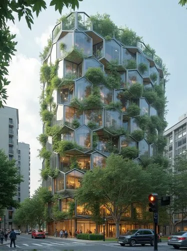 a moduled Glazing building facade inspired by a geodesic structure. Concrete. Biomimicry. Plants. Green facades. Organic. Volumetric light. Urban environment. Sustainable,this large building has many 