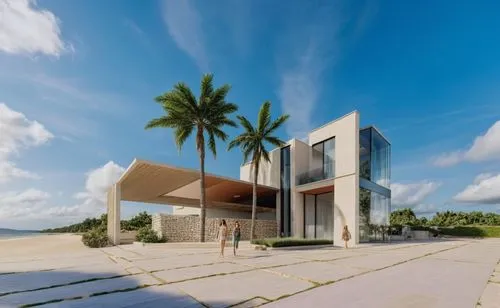 a white concrete house surrounded by palm trees,dunes house,beach house,beachfront,oceanfront,cube stilt houses,modern house