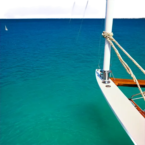 White sailboat, luxury yacht, speeding across calm turquoise water, gleaming chrome railing, billowy white sails, polished wooden deck, captain's wheel, navigation instruments, golden anchor, rope coi
