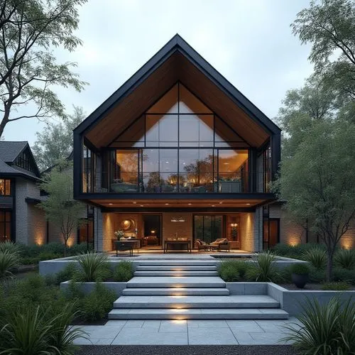 A hyper-realistic, high-resolution architectural photograph of a contemporary, two-story luxury home featuring a prominent A-frame roofline and a striking, double-height glass façade. The exterior wal