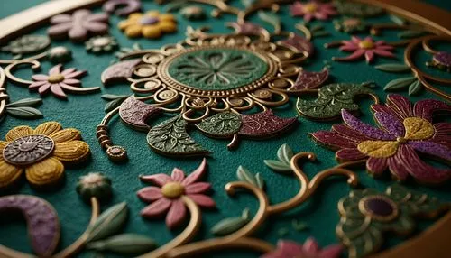 Intricate ornate details, flowing organic lines, sinuous curves, luxurious materials, jewel-toned colors, emerald green, sapphire blue, amethyst purple, golden yellow, copper accents, bronze metallic,