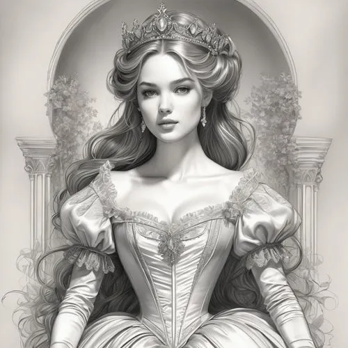 A highly detailed, realistic pencil or charcoal drawing on a white background, depicting an ethereal, regal young woman in a fantasy-inspired, fairy-tale setting, rendered with fine lines, cross-hatch