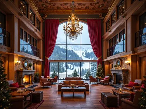 Richly ornamented ski center, Baroque-style architecture, grandiose chandeliers, intricate stucco details, ornate wooden furnishings, lavish velvet drapes, warm golden lighting, rustic stone fireplace