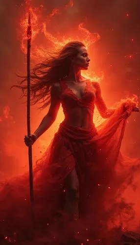 In a symphony of crimson and ominous energy, the man unleashes a powerful and dynamic scene. Captured in a fierce and powerful transformation, the woman wields a long, gleaming spear, as she fiercely 