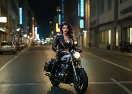 At night, the girl in the black leather jacket rides a motorcycle through the city,a person sitting on a motorcycle on a city street,black motorcycle,dhoom,motorcyclist,biker,motorbike,nightrider,moto