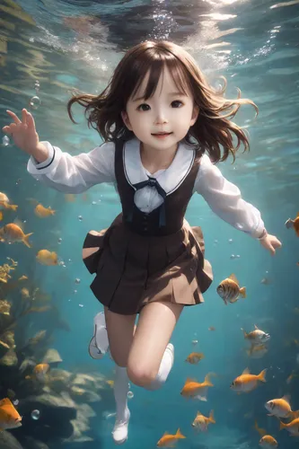smile, fish, solo, skirt, socks, shoes, brown hair, pleated skirt, knee-length skirt, school uniform, looking at audience, black shoes and socks, leaning forward, white socks, full-length, realistic, 