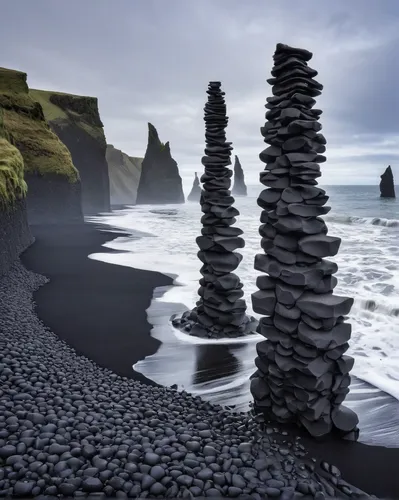basalt columns at Reynisfjara Black Sand Beach in South Iceland,sea stack,rock stacking,eastern iceland,stacked rocks,stacked rock,stack of stones,pancake rocks,basalt columns,stacking stones,stacked 