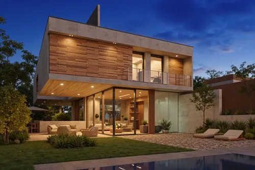 A photo-realistic rendering of a modern, minimalist house with a contemporary design. the house is a two-story, concrete structure with large windows and wooden slats on the upper level, allowing natu