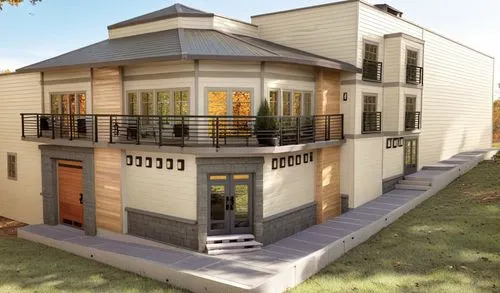 a two story house with stairs on each side,prefab,3d rendering,sketchup,passivhaus,frame house,prefabricated buildings