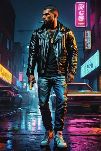 Grand Theft Auto VI poster, cityscape, neon lights, dark alleys, graffiti, muscular male protagonist, leather jacket, ripped jeans, sneakers, smoking cigarette, urban atmosphere, rainy night, dim stre