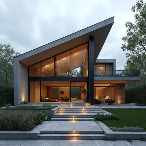 A hyper-realistic, high-resolution architectural photograph of a contemporary, two-story luxury home featuring a prominent A-frame roofline and a striking, double-height glass façade. The exterior wal