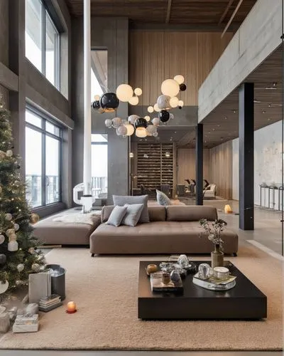 A festive and cozy living room with a high wooden ceiling and large glass windows showcasing a snowy landscape. A modern sectional sofa faces a minimalist black coffee table adorned with holiday decor