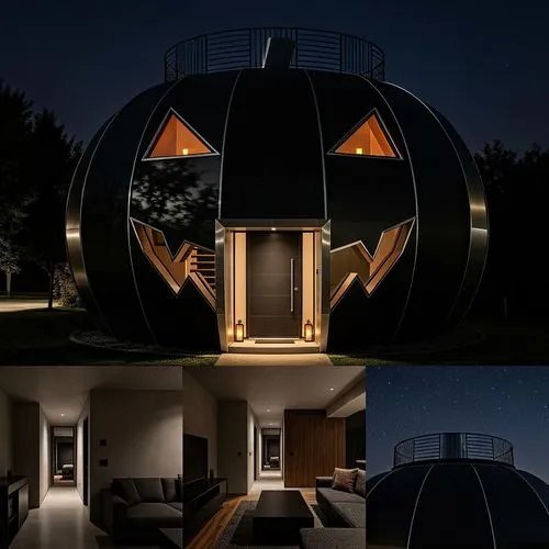 Imagínate una casa única en forma de calabaza de Halloween, situada en un entorno nocturno donde la oscuridad la envuelve, intensificando su aura misteriosa. La estructura principal, amplia y curvada,