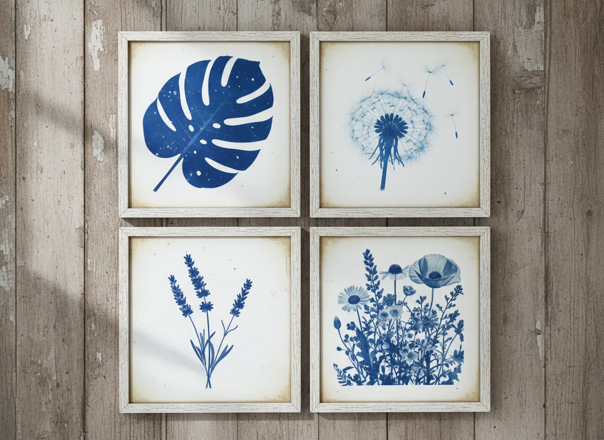 Una griglia di quattro diversi poster botanici in stile cianotipia generati dall'AI, che mostrano una foglia di monstera, un dente di leone, un rametto di lavanda e una collezione di fiori selvatici.