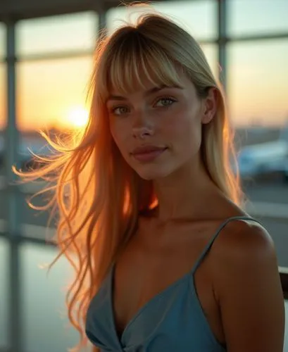 A portrait of a beautiful young woman with long blonde hair flowing for her shoulder, green eyes stand up on airport floor at sunrise. She is wearing ight blue sleeveless top, having porcelain skin. S