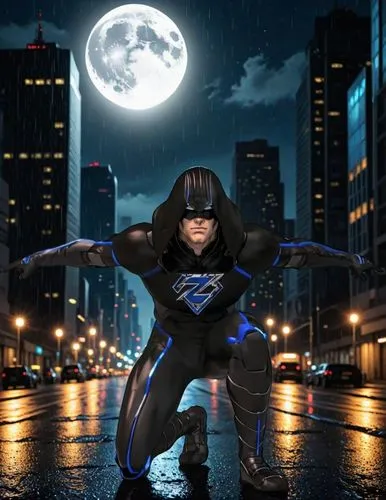 una calle de una gran ciudad con rascacielos,el asfalto está mojado por la lluvia ,escena nocturna con una gran luna llena, estilo comic,the dc character in an animated fashion with a full moon backgr