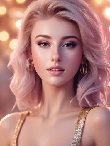 Creative Headshots, pop music video, MTV, Kylie,a 3d illustration of a woman wearing gold earrings,romantic look,pink beauty,portrait background,barbie,doll's facial features,romantic portrait,barbie 