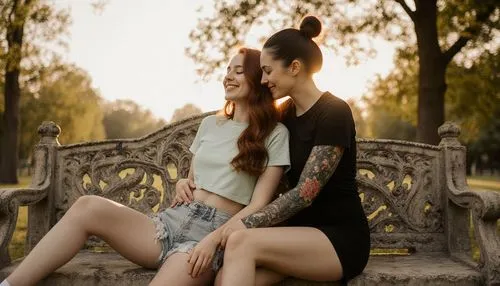A realistic photograph of two women embracing tenderly on an ornately carved limestone bench in a park at golden hour, captured with a Sony A7 IV and an 85mm f/1.8 lens set to a wide aperture that ren