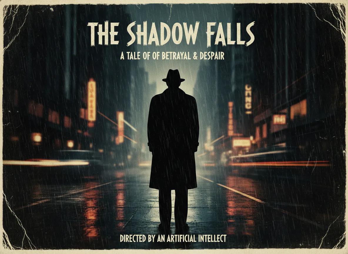 Un poster generato dall'IA in un distinto stile da locandina di film noir, con una silhouette contro una strada cittadina bagnata dalla pioggia.