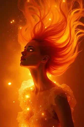 a woman with orange hair and stars behind her,fire dancer,burning hair,fire angel,flame spirit,fire pearl,fire dance,fiery,firelight,fire siren,dancing flames,firedancer,firestar,flame of fire,flamebi