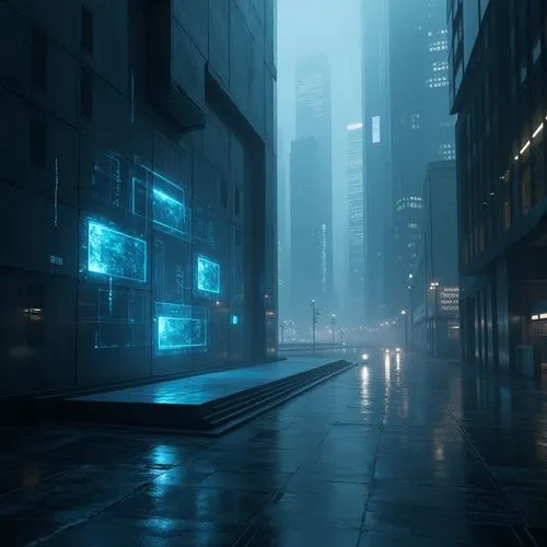 High-tech futuristic scene, dark gray tone, neon blue accents, metallic texture, sleek lines, minimalist architecture, abstract geometric shapes, holographic display screens, cyberpunk atmosphere, cit